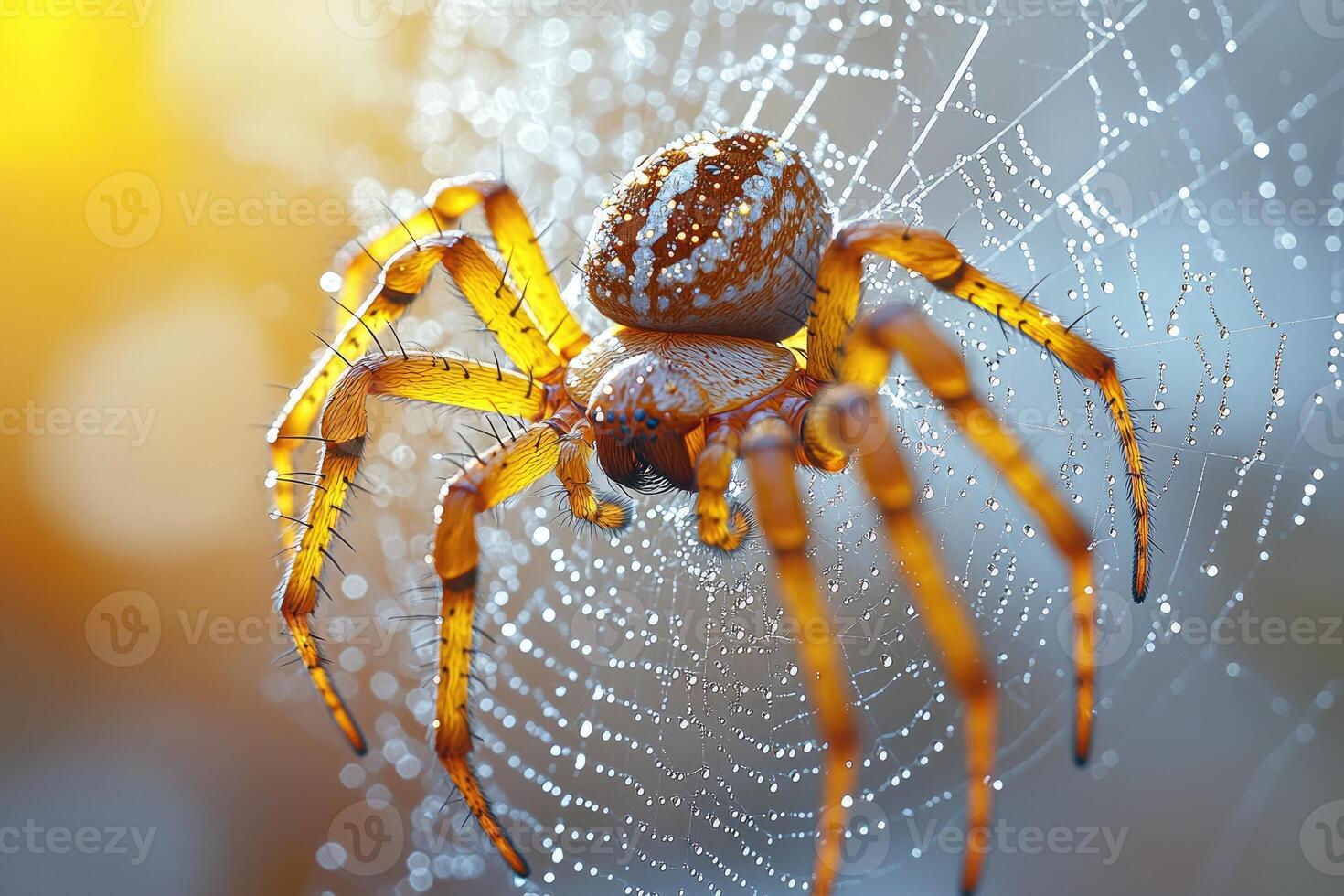 A Dew Kissed Spider On Its Web In Sunlight photo