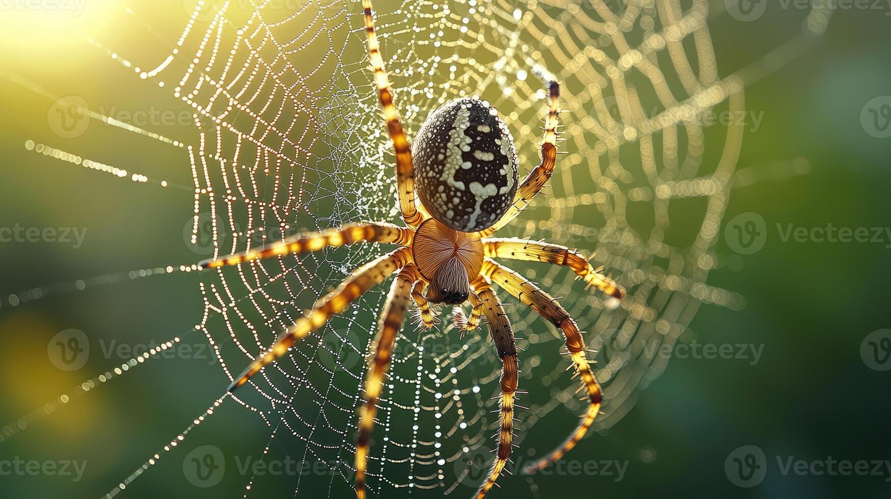 A spider rests on its dew covered web in sunlight photo