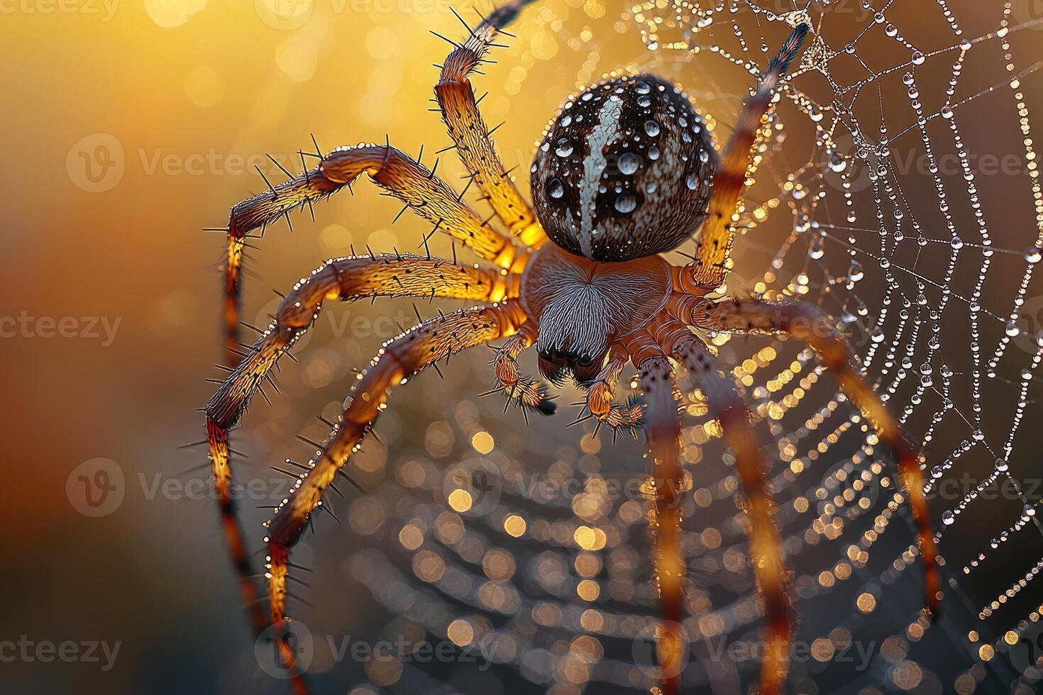 Dew Covered Spider On Web At Sunrise photo
