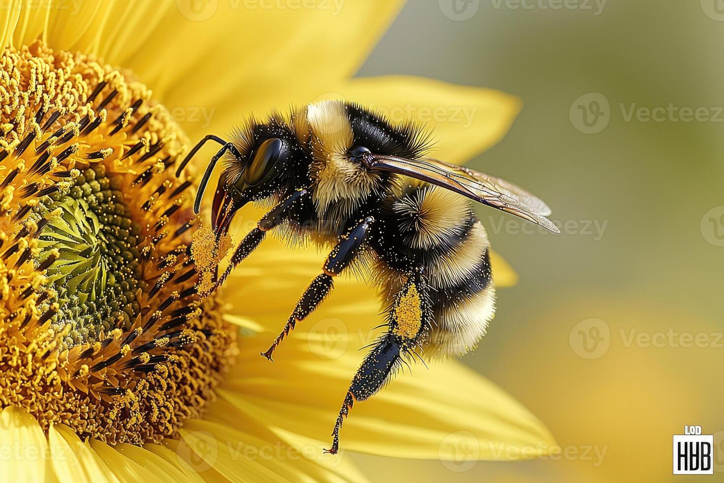 Bee collects pollen from a sunflower photo