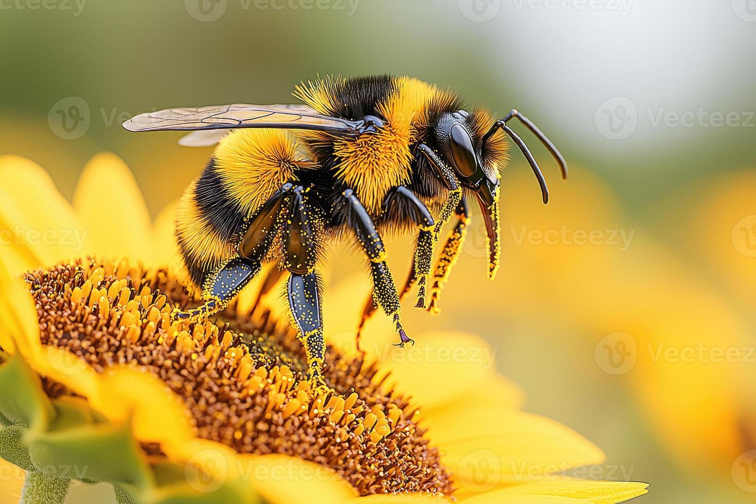 A fuzzy bumblebee perched on a bright sunflower photo