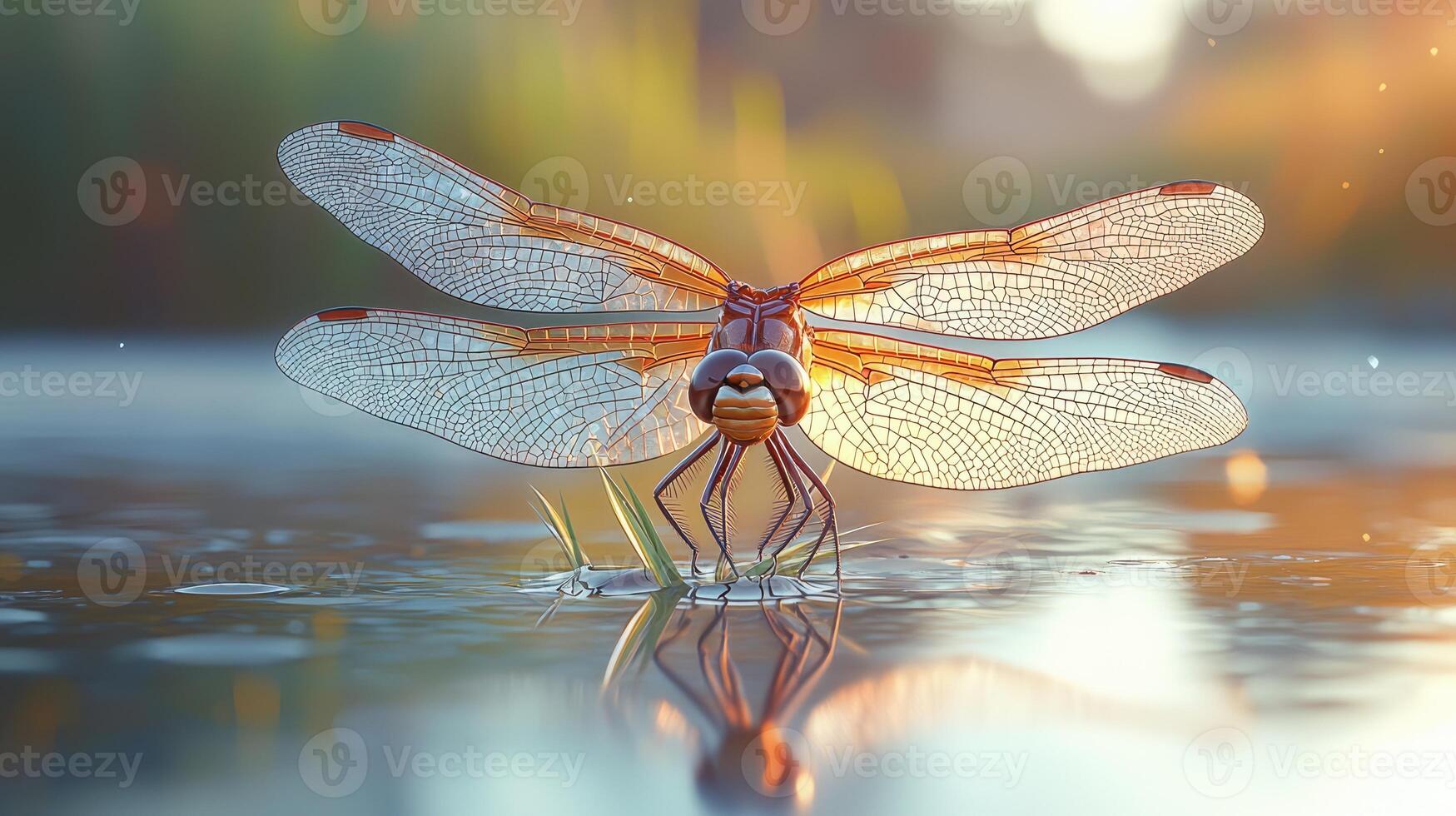 Dragonfly Perched Near Water At Sunset photo