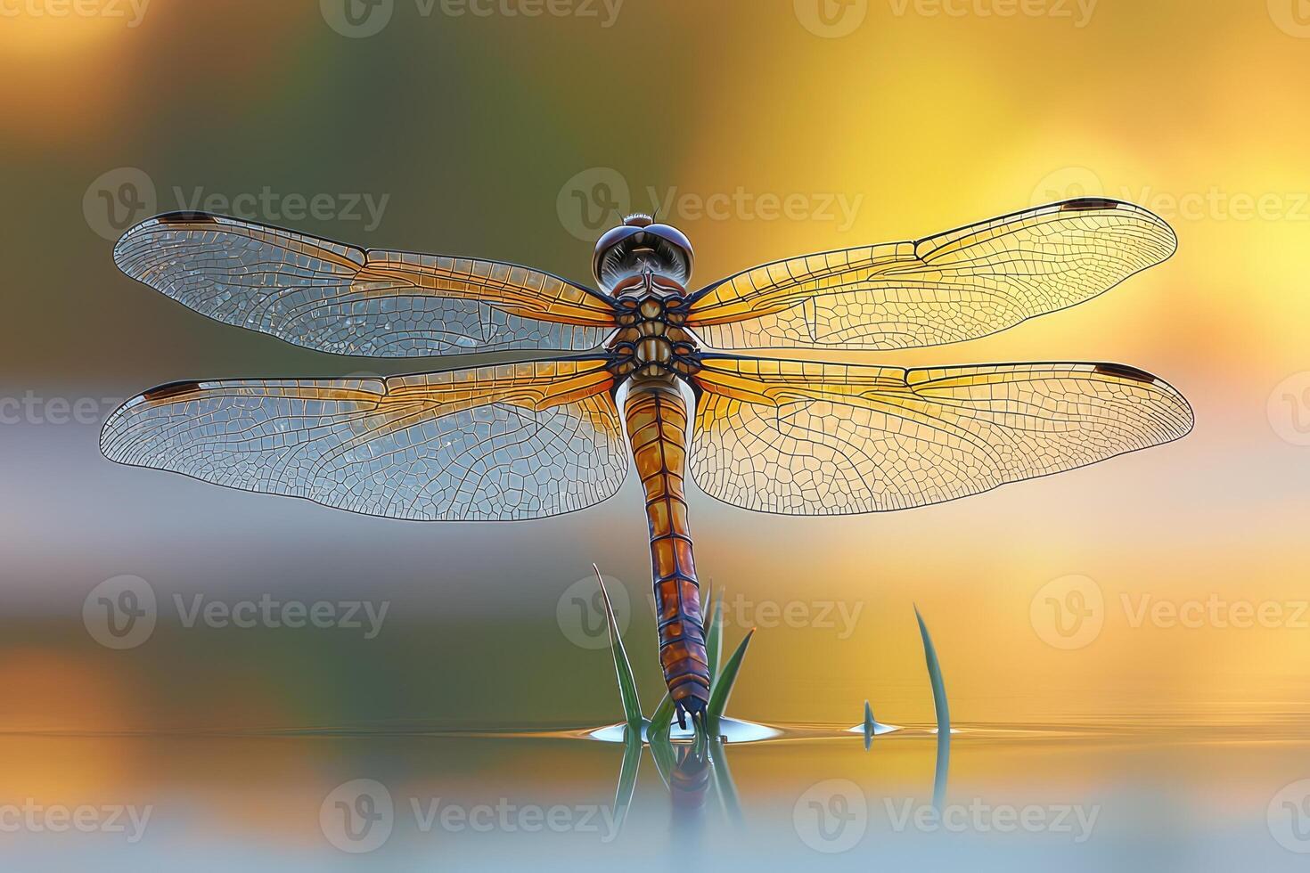 Dragonfly Wings Spread at Golden Hour Lakeside photo