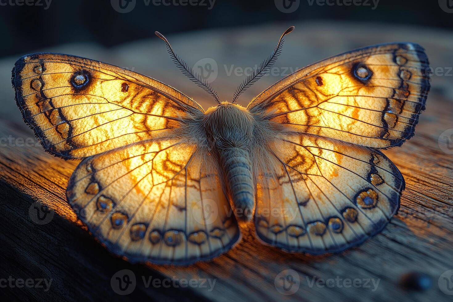 Golden Butterfly Wings Illuminated On Wood photo