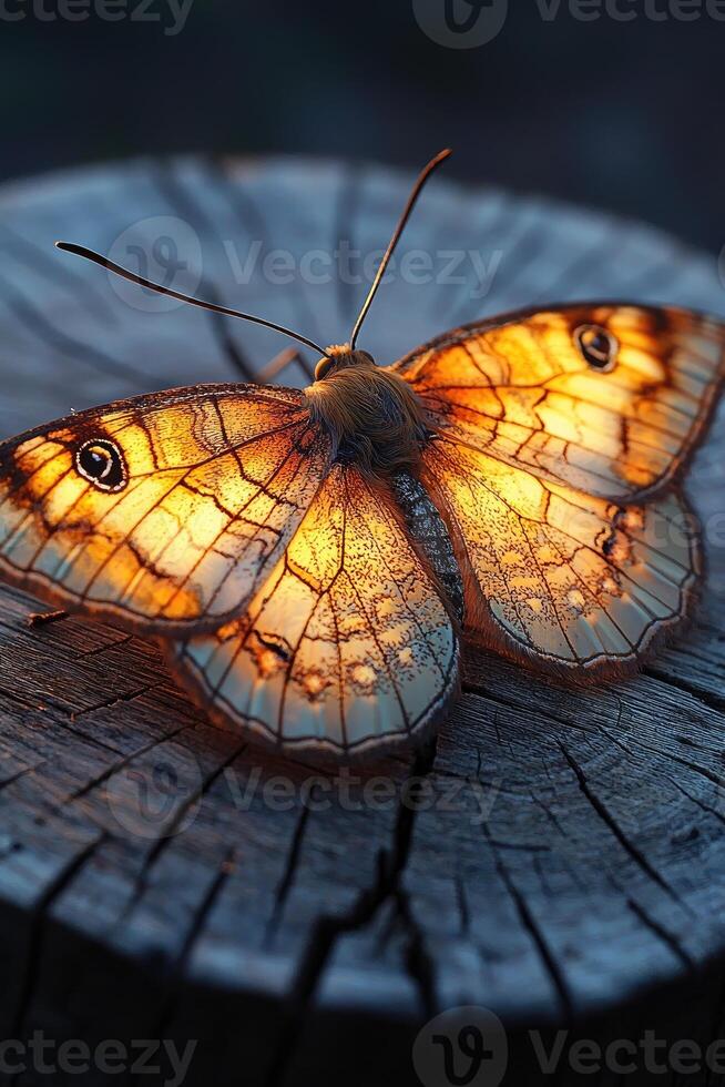 Golden Butterfly Resting On A Dark Wooden Stump photo