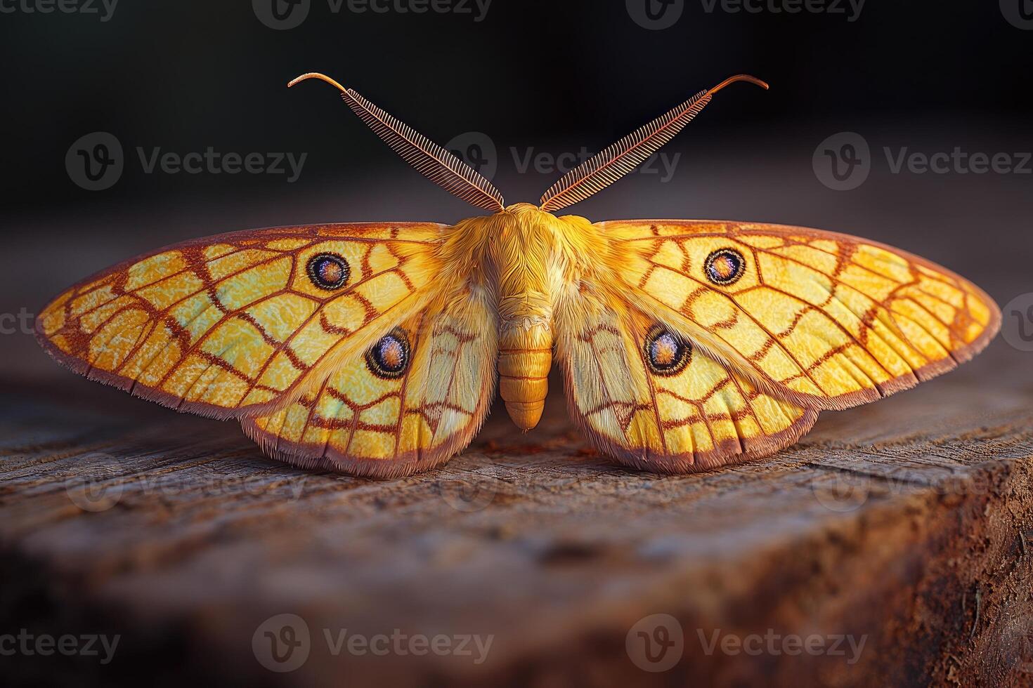 A striking yellow moth with intricate wing patterns rests on wood photo
