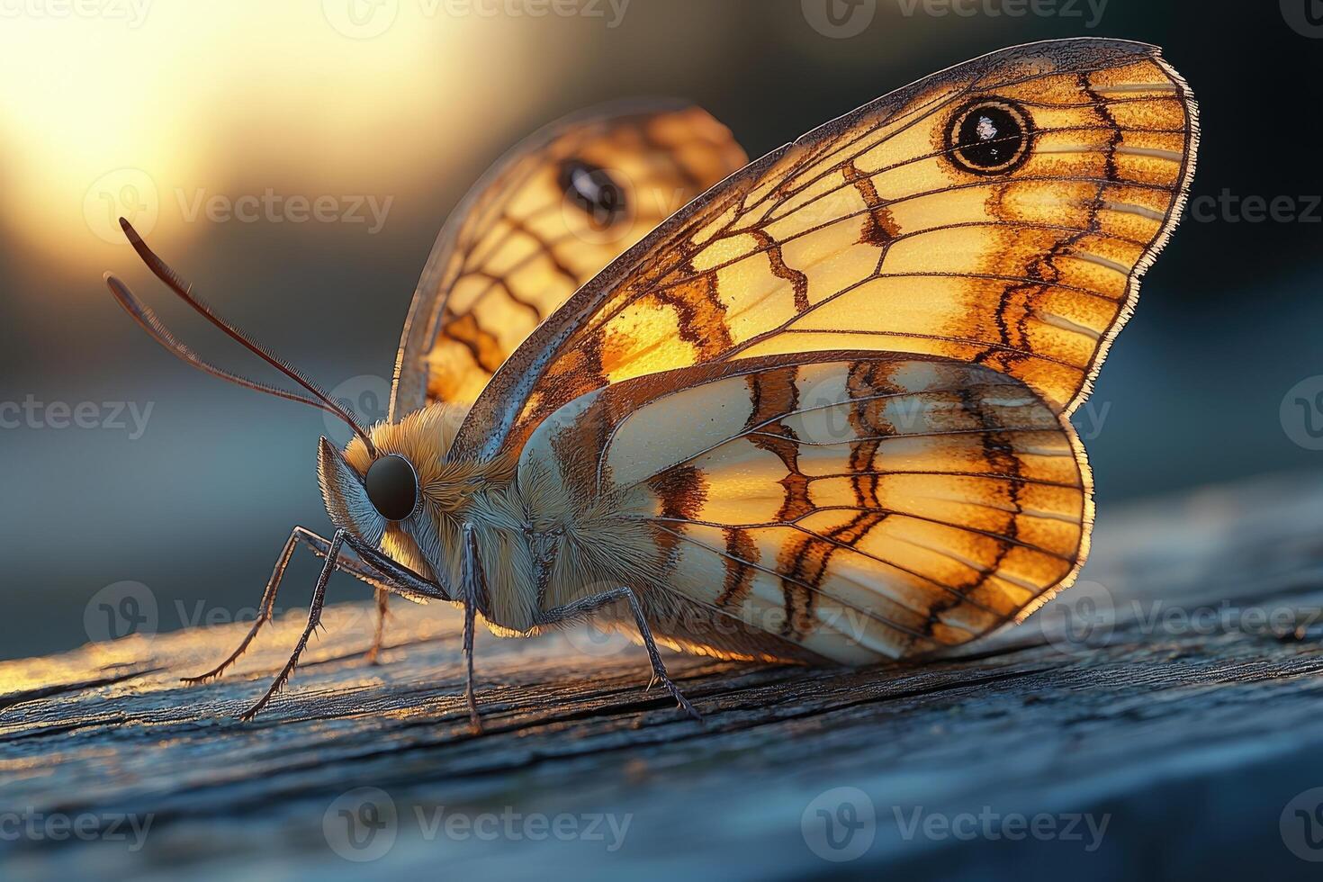Golden Butterfly Wings Sunset Resting On Wood photo
