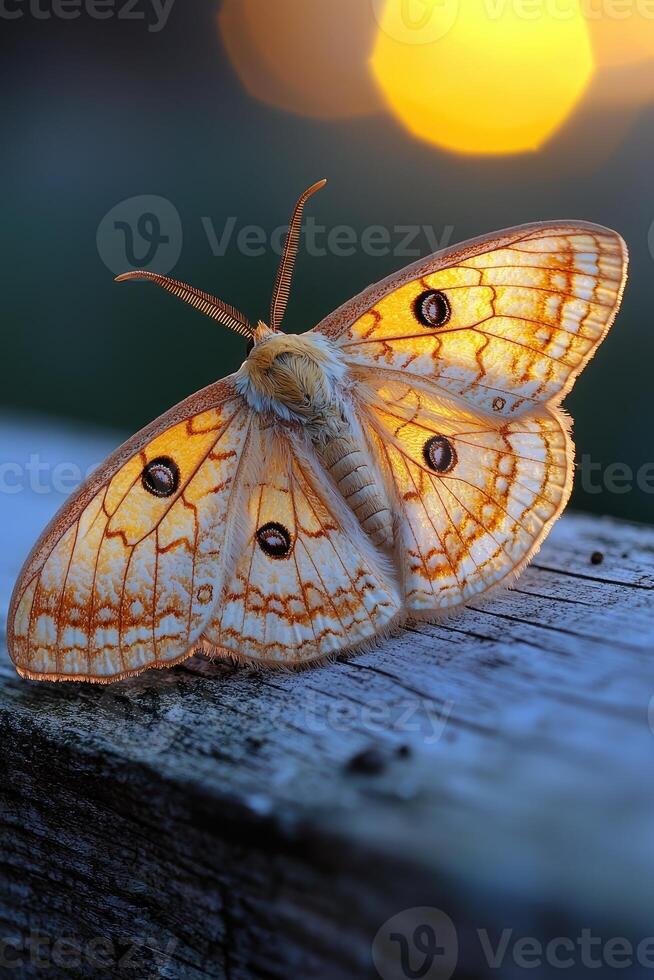Sunset illuminates a beautiful moth resting on wood photo