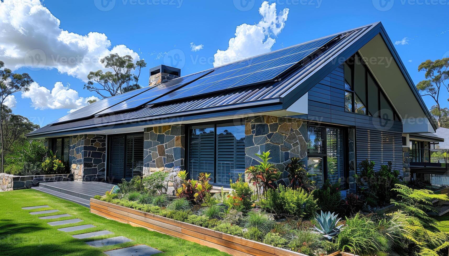 Modern Solar Powered Home with Stone and Landscaping photo