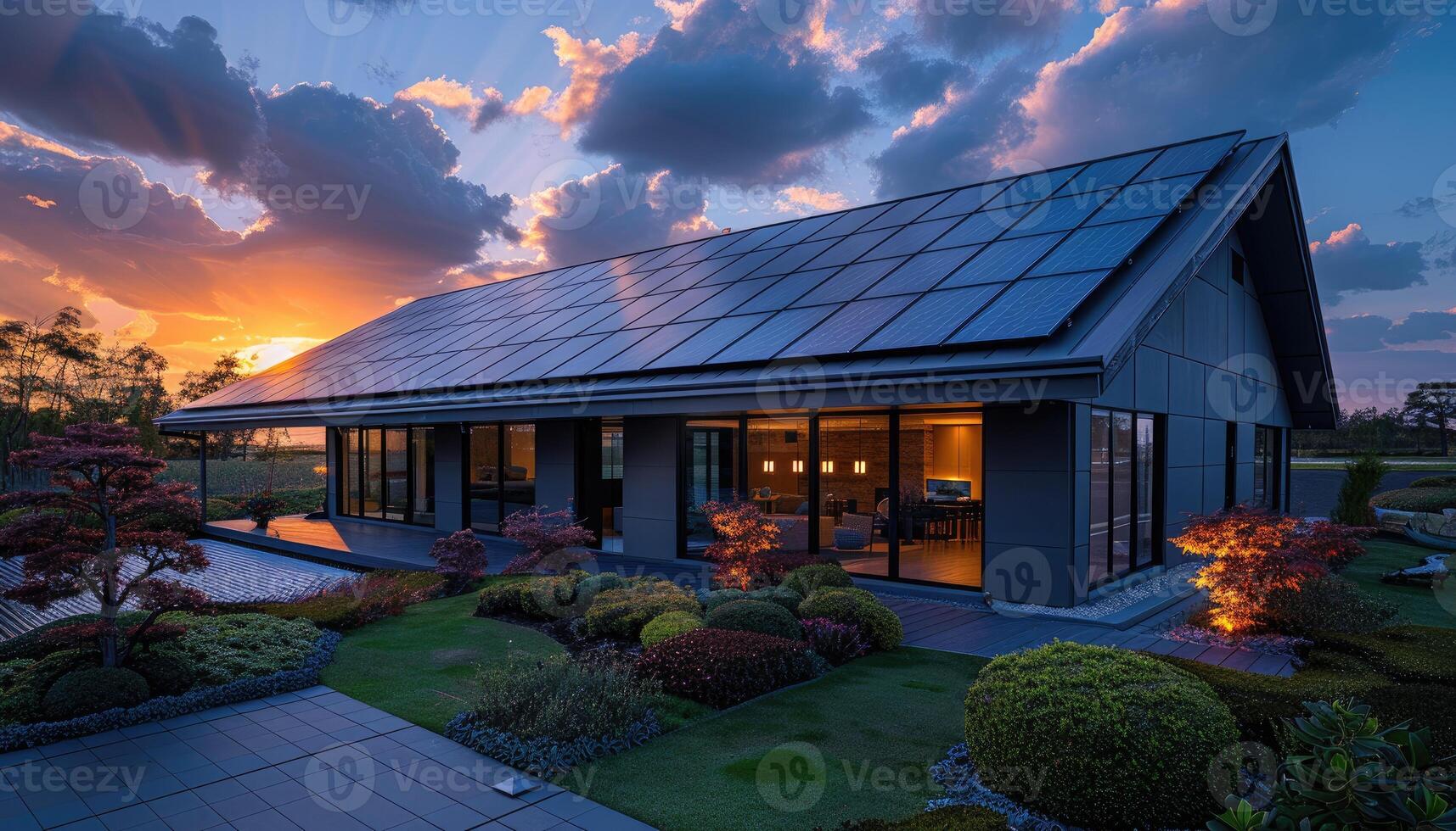 Modern Solar Powered Home at Sunset Landscape photo
