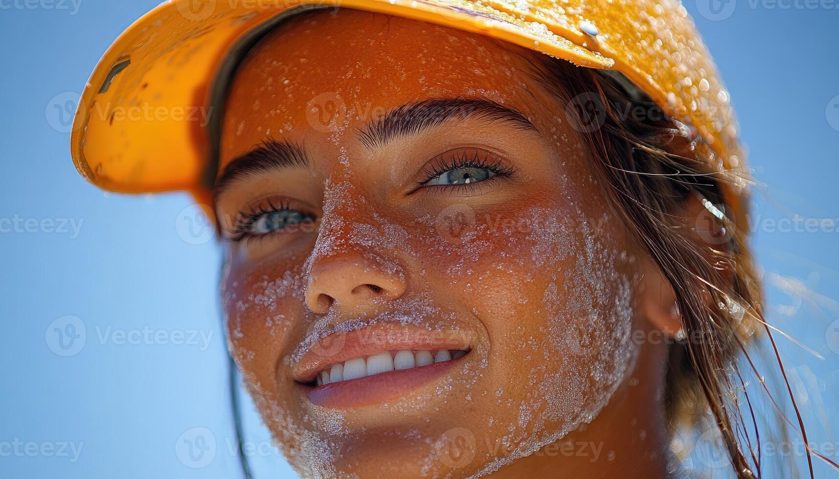 Woman with salt covered face wearing orange cap photo