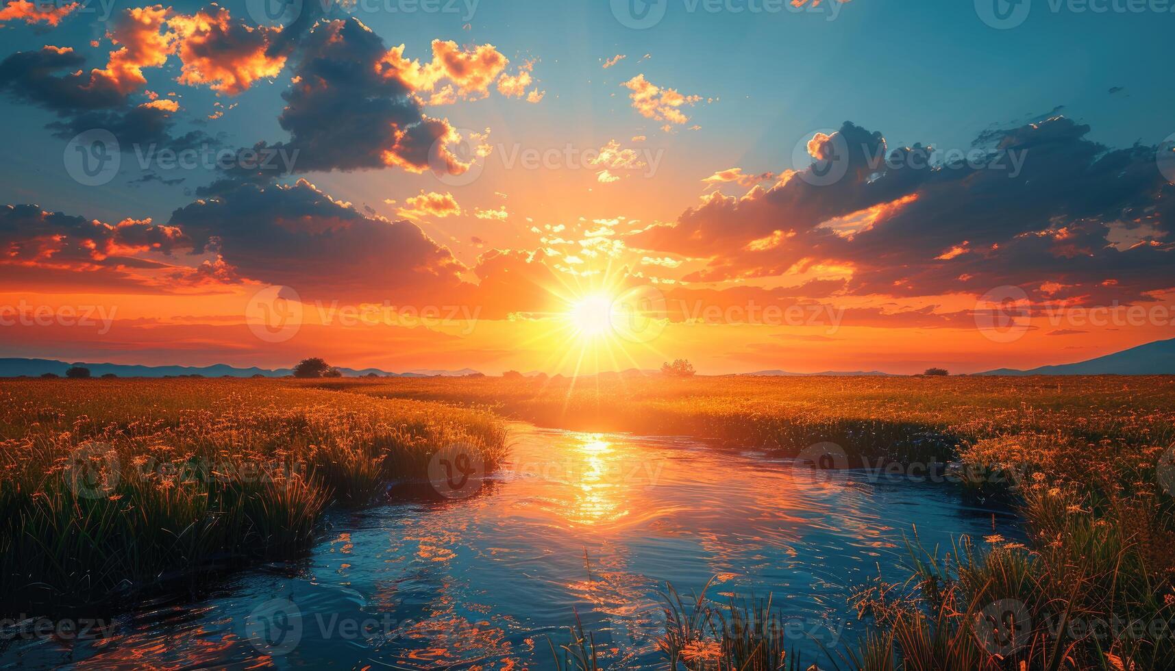Sunset over a tranquil stream in a grassy field photo