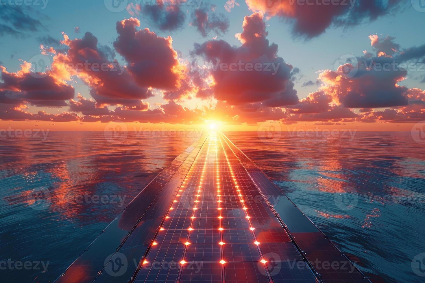 Solar Panels Extend Across Ocean at Sunset photo