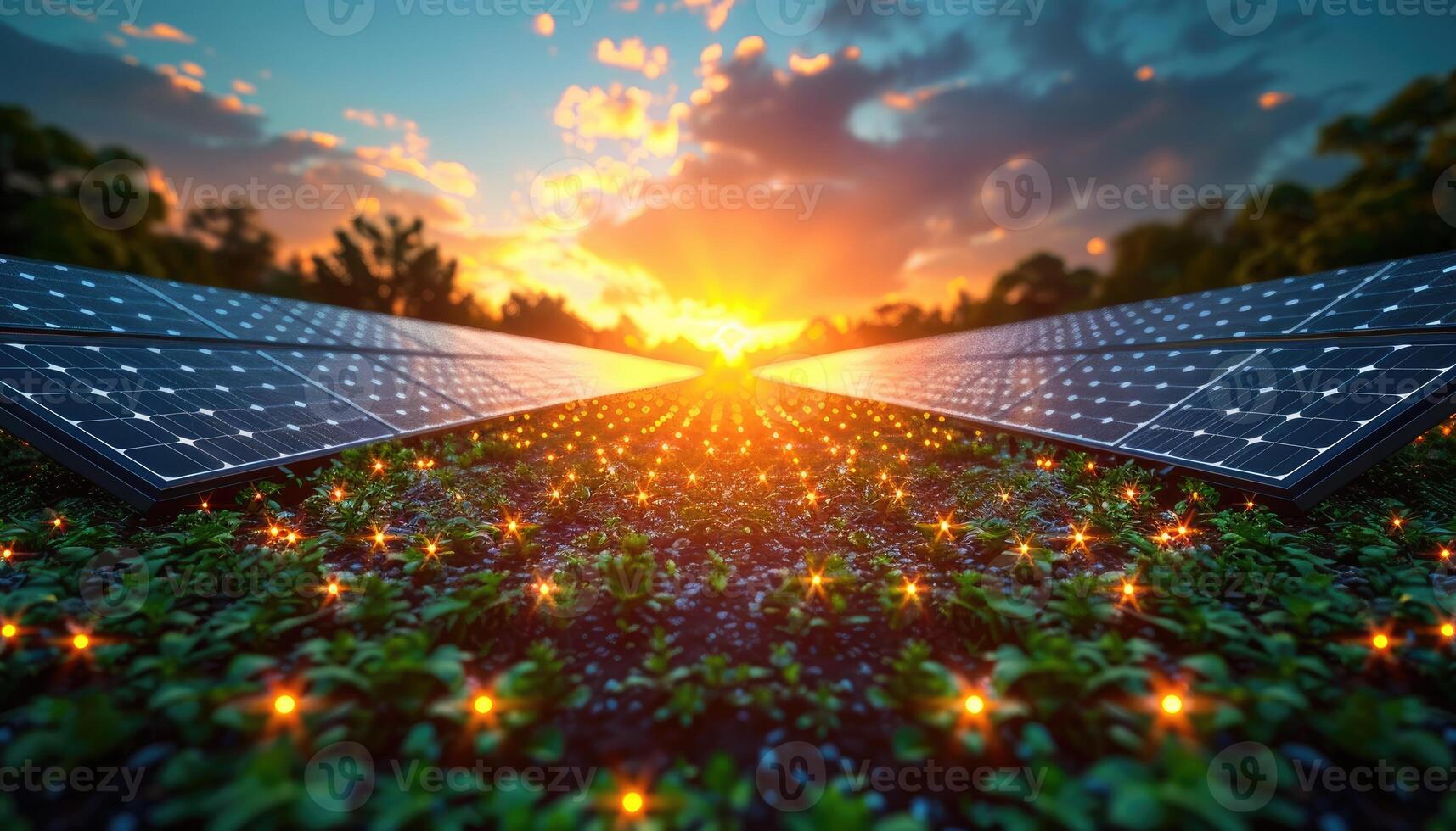 Solar Panels Energy Green Landscape Sunset photo