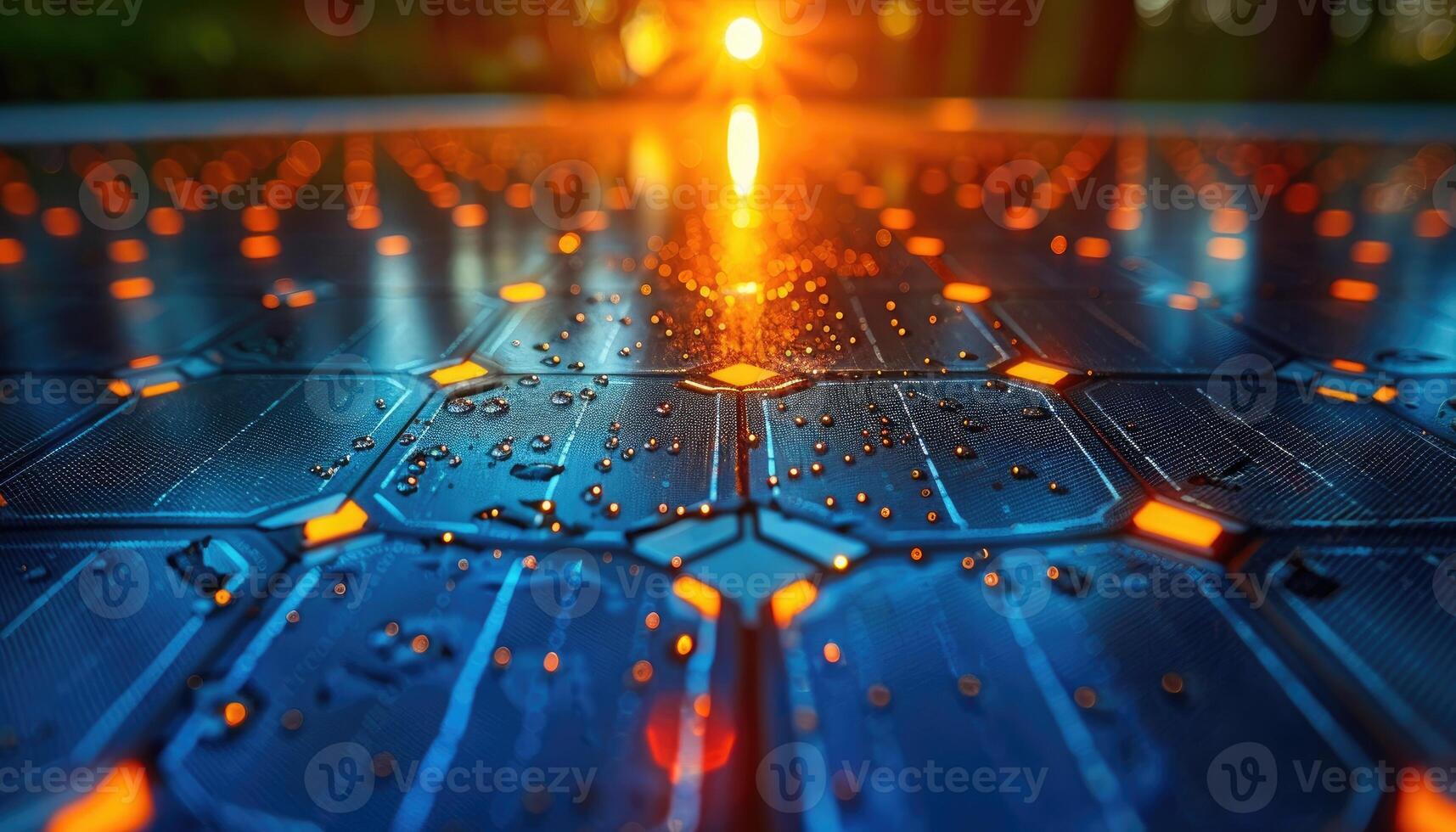 Wet Solar Panel Surface Reflecting Sunset Light photo