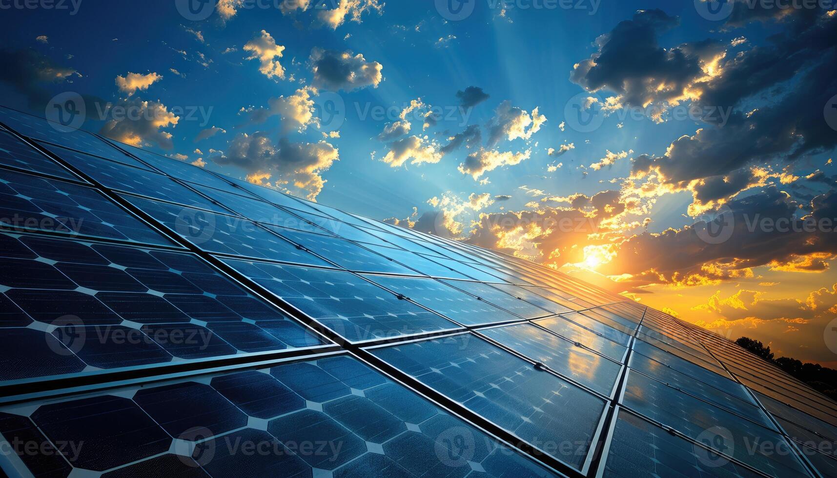 Solar Panels Gleaming Under a Sunset Sky photo