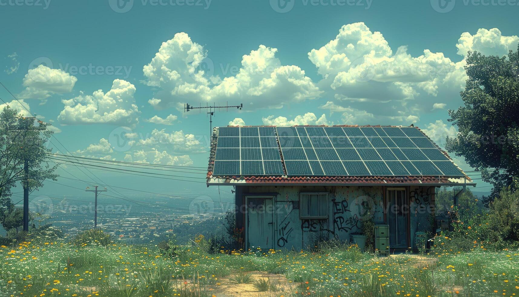 Solar Panel House Overlooking Cityscape Amidst Flowers photo