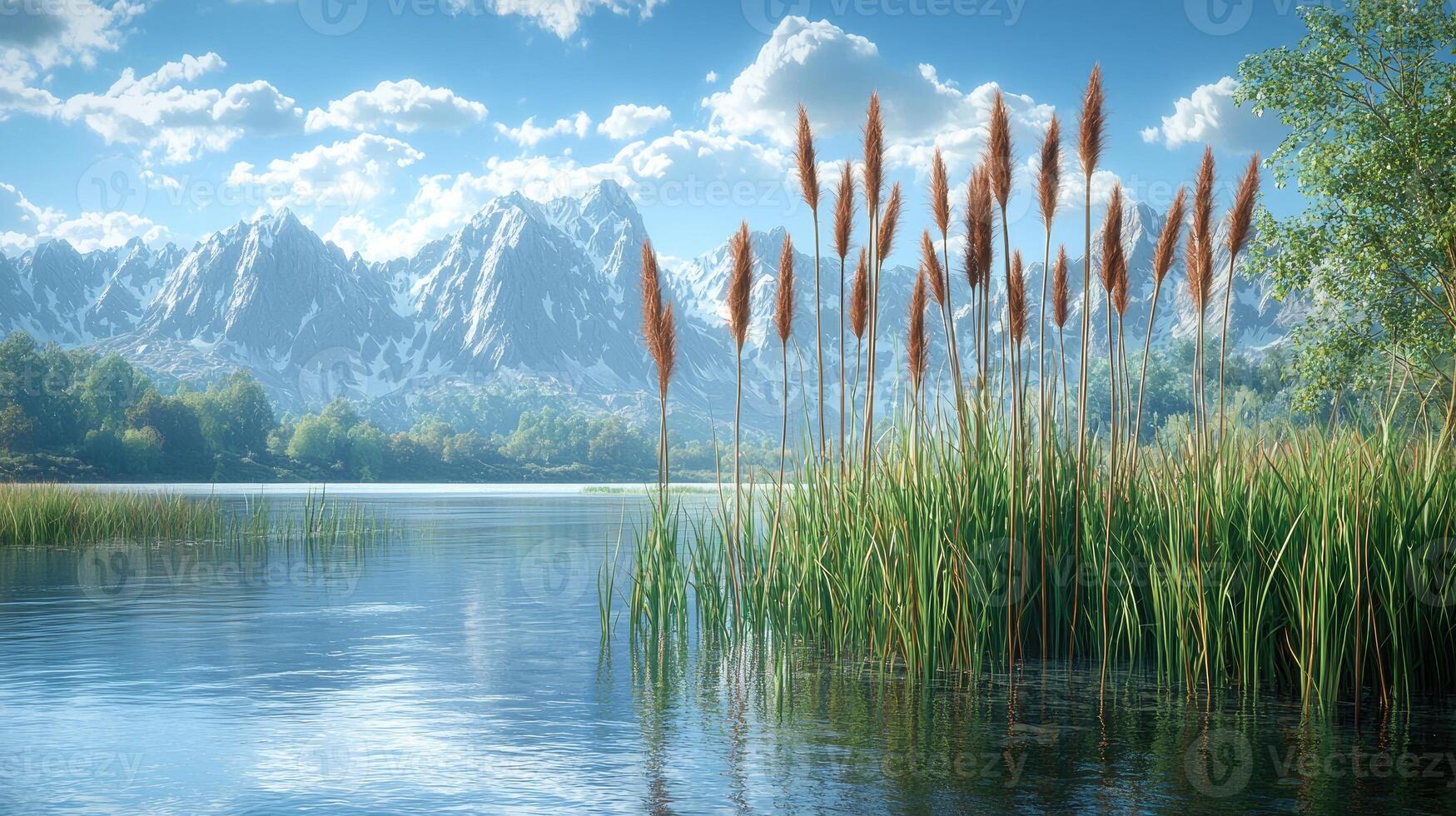 Serene Mountain Lake With Tall Grasses photo