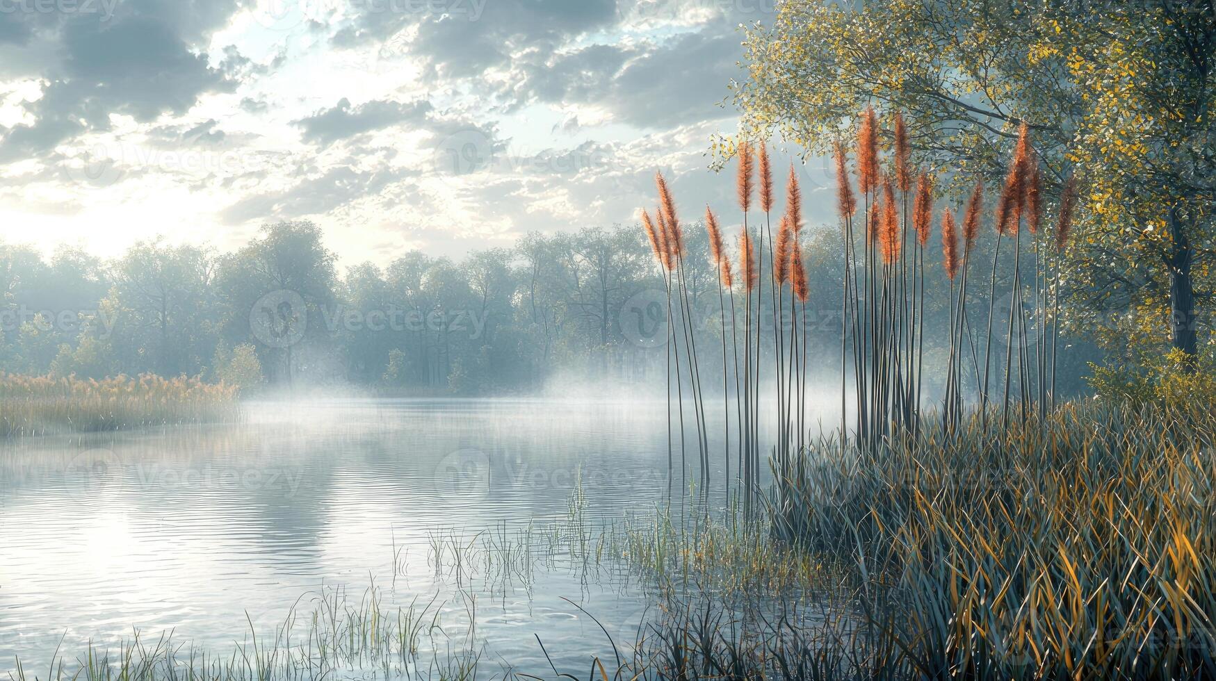 Serene Autumn Lake Mist Morning Scene With Tall Grasses photo