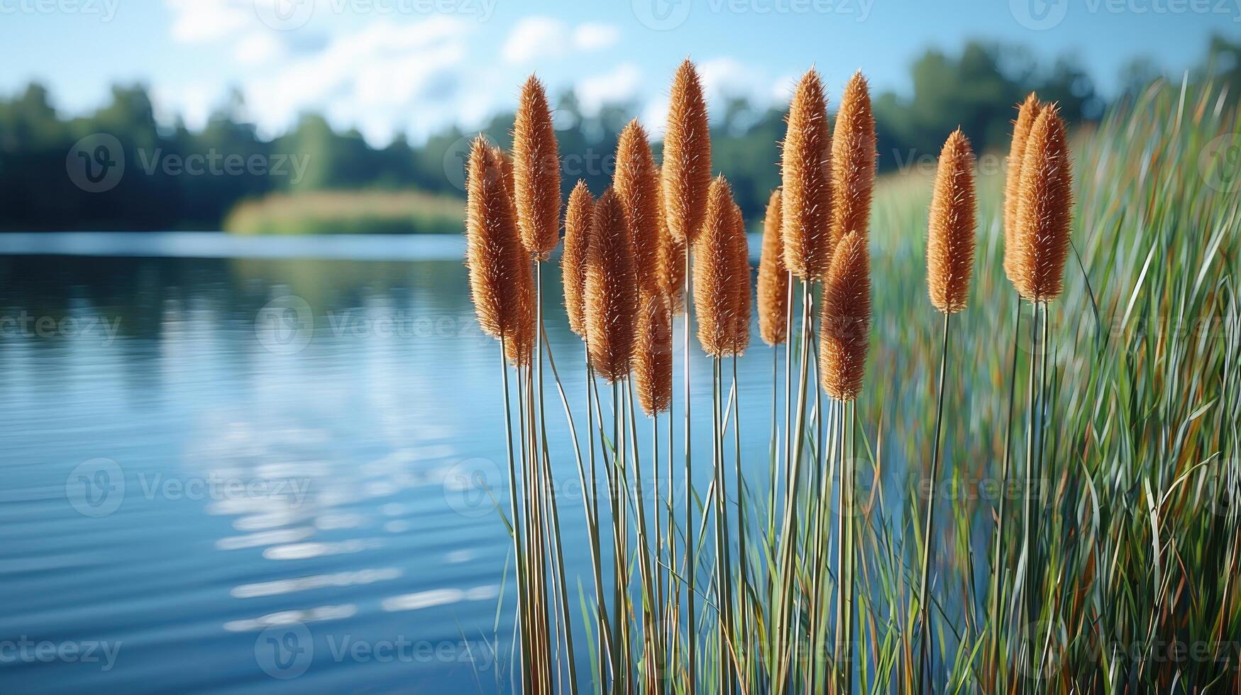 Golden cattails by a tranquil lakeside scene photo