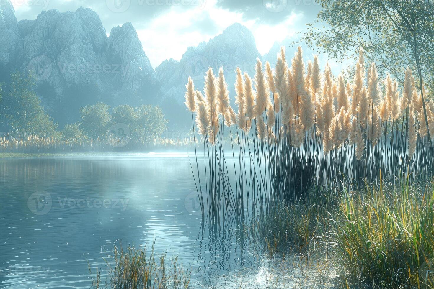 Serene Mountain Lake with Pampas Grass and Mist photo