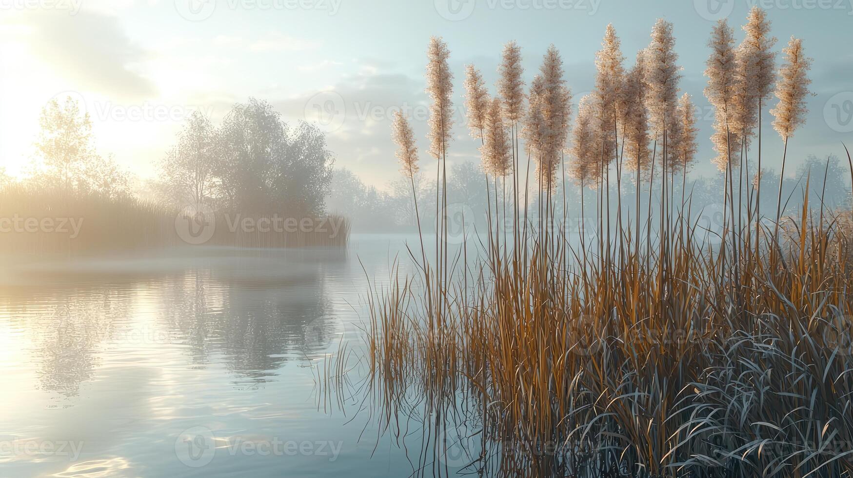 Serene morning mist over calm lake with tall grasses photo