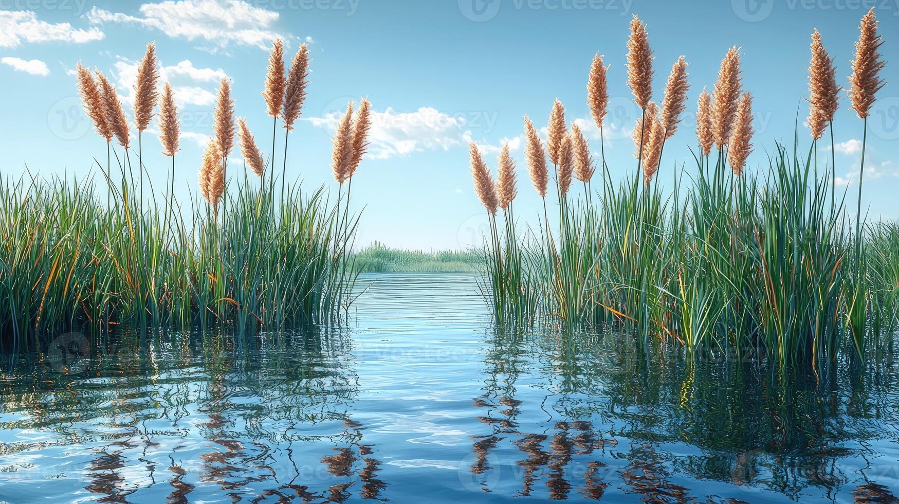 Serene Lakeside Scene With Tall Grasses Under A Blue Sky photo