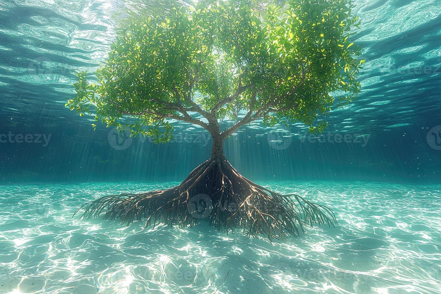 Underwater Mangrove Tree Sunlight Beams Water photo