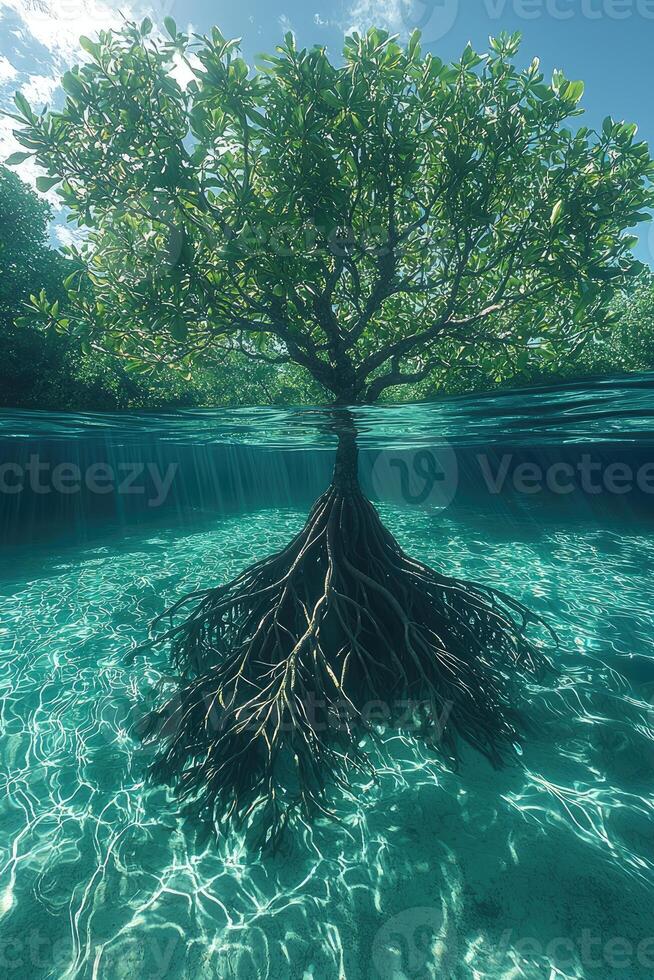 Mangrove Tree Over Underwater Roots In Clear Water photo