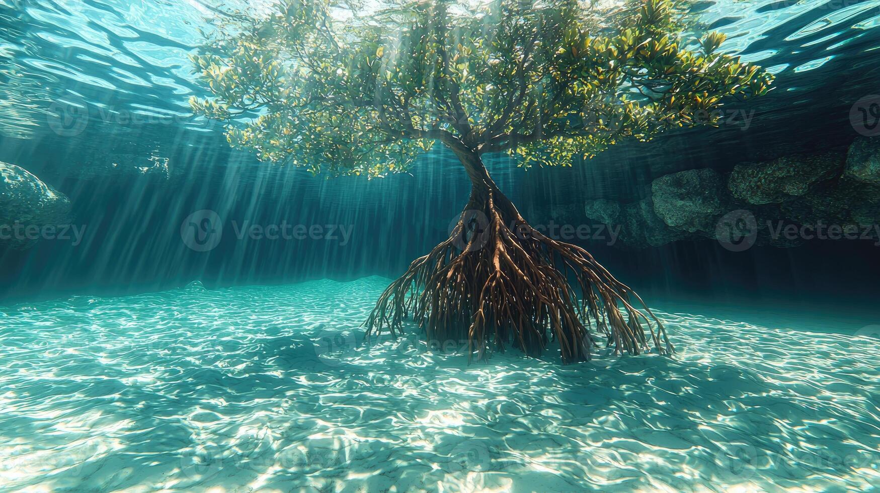Underwater Mangrove Tree Beams Ocean Floor photo
