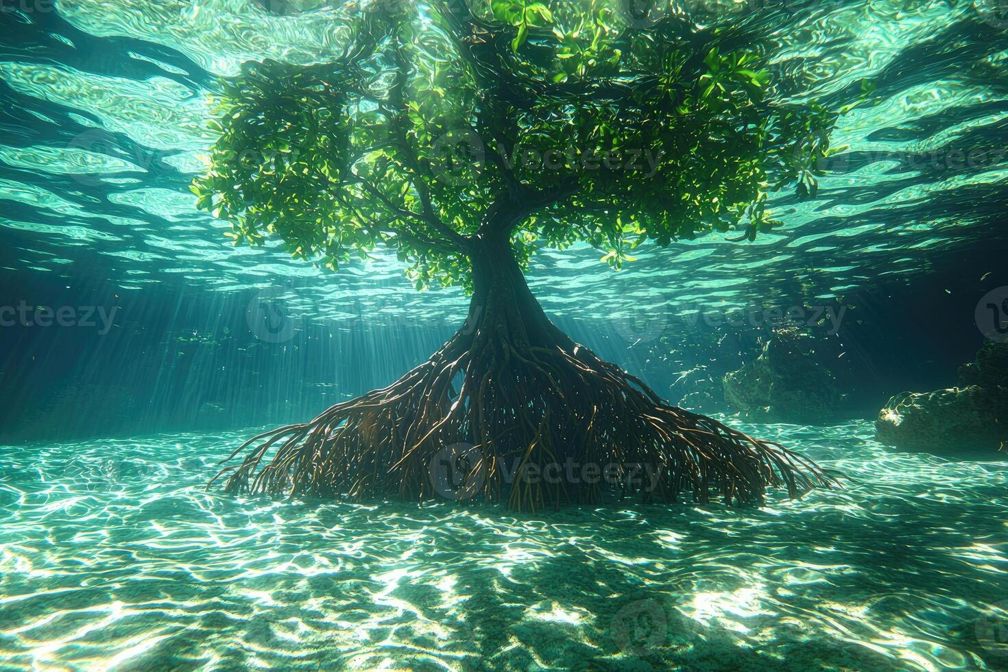 Underwater Mangrove Tree Sunlight Rays Ocean Floor photo
