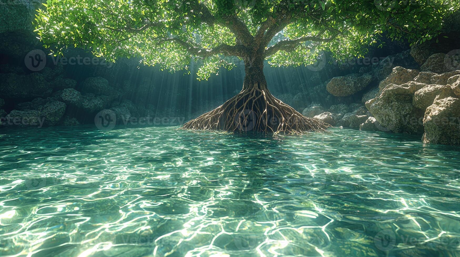 Lush Green Tree Overhanging Calm Water Rocks photo