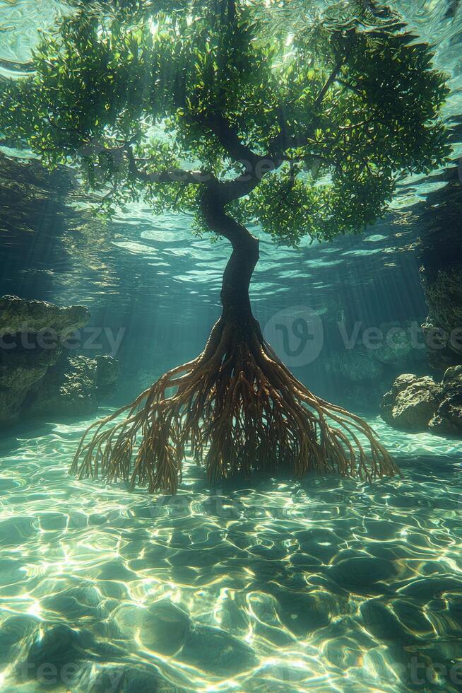 Underwater Mangrove Tree With Extensive Root photo