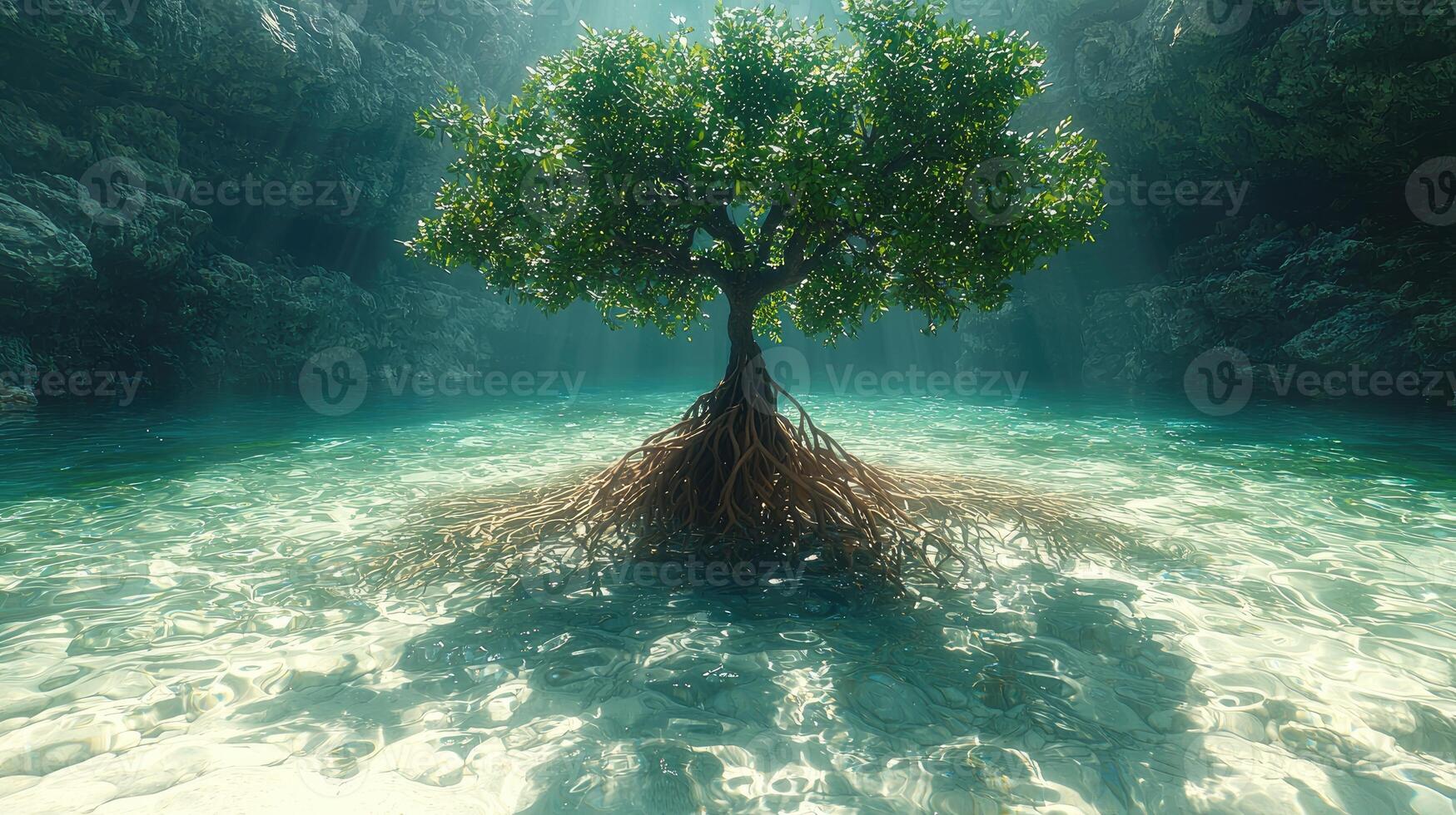 Serene Mangrove Tree in Tranquil Underwater Grotto photo