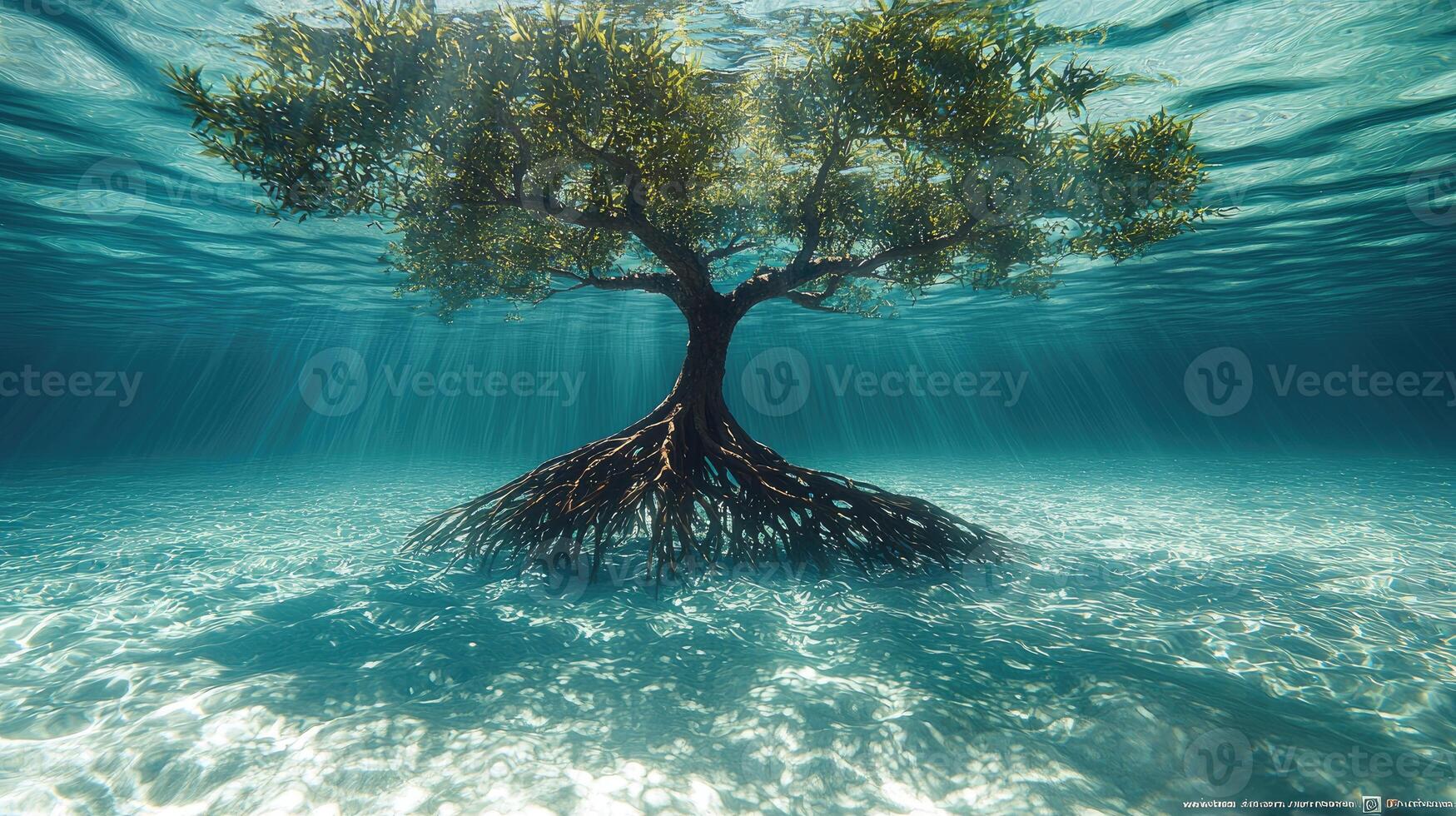 Underwater Mangrove Tree Sunlight Beams Ocean Floor photo