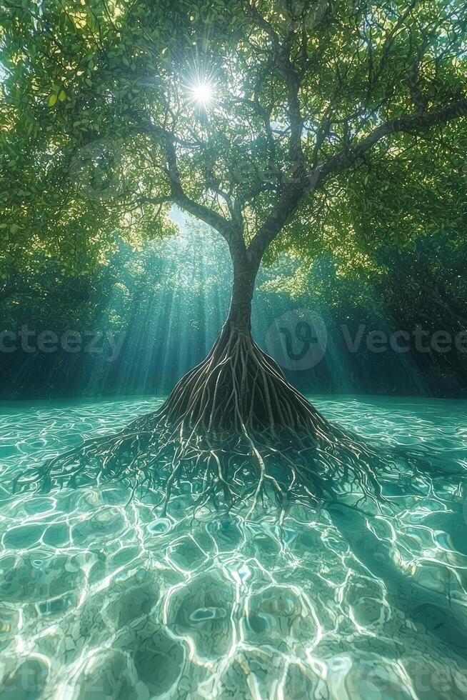 Underwater Mangrove Tree Sunlight Beams Through Canopy photo