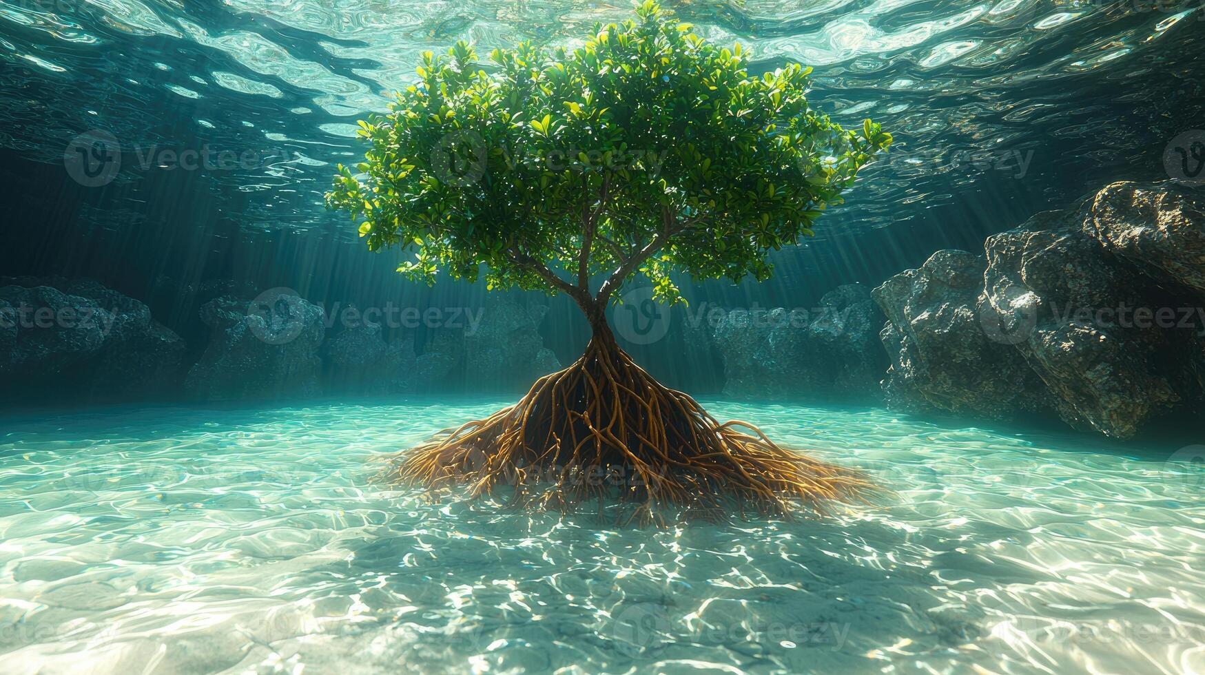 Underwater Mangrove Tree in Sunlit Shallow Water photo