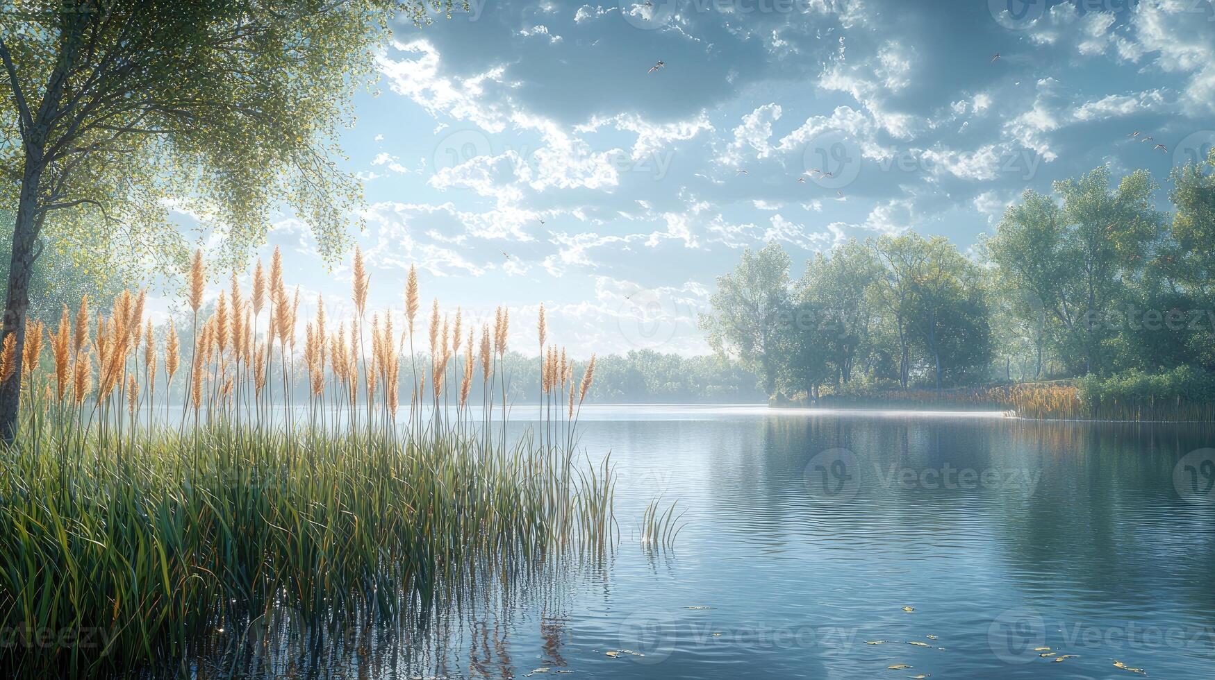 Serene Lakeside Morning with Golden Reeds and Birds photo