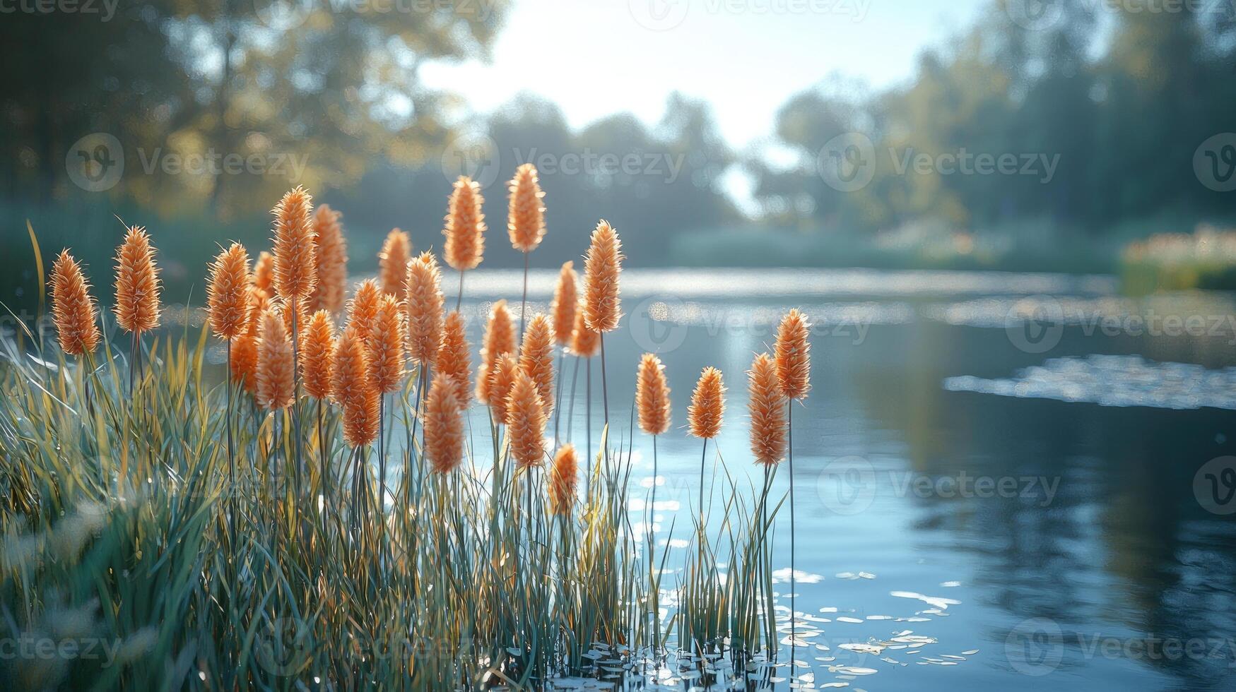 Orange wildflowers beside a tranquil blue lake photo