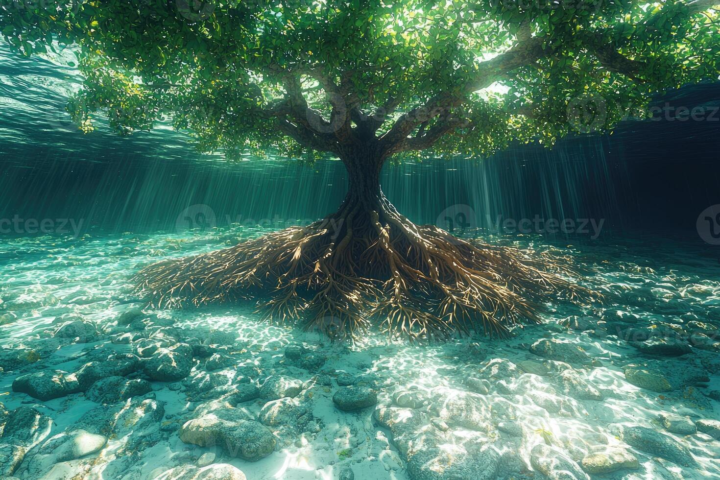 Underwater Tree With Extensive Root System And Sunlight Beams photo