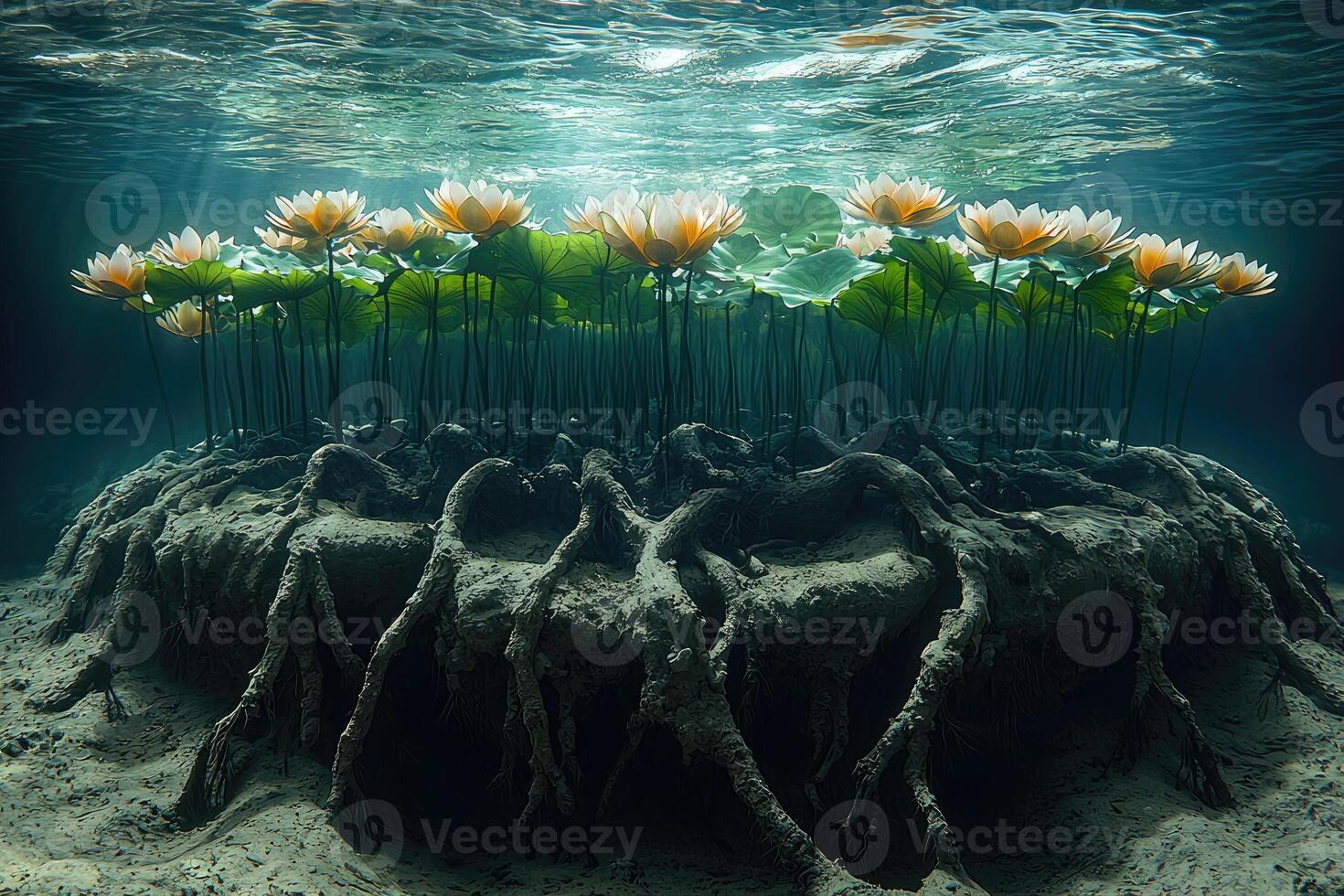 Underwater Lotus Blooms and Extensive Root System photo