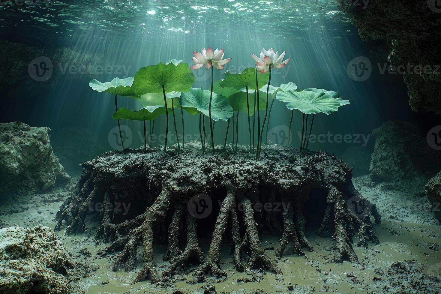 Underwater Lotus Blooms Growing From Ancient Roots photo