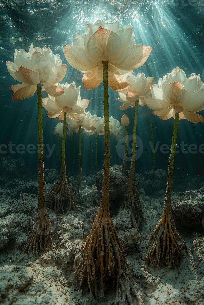 Underwater Lotus Flowers Blooming in Sunlit Depths photo