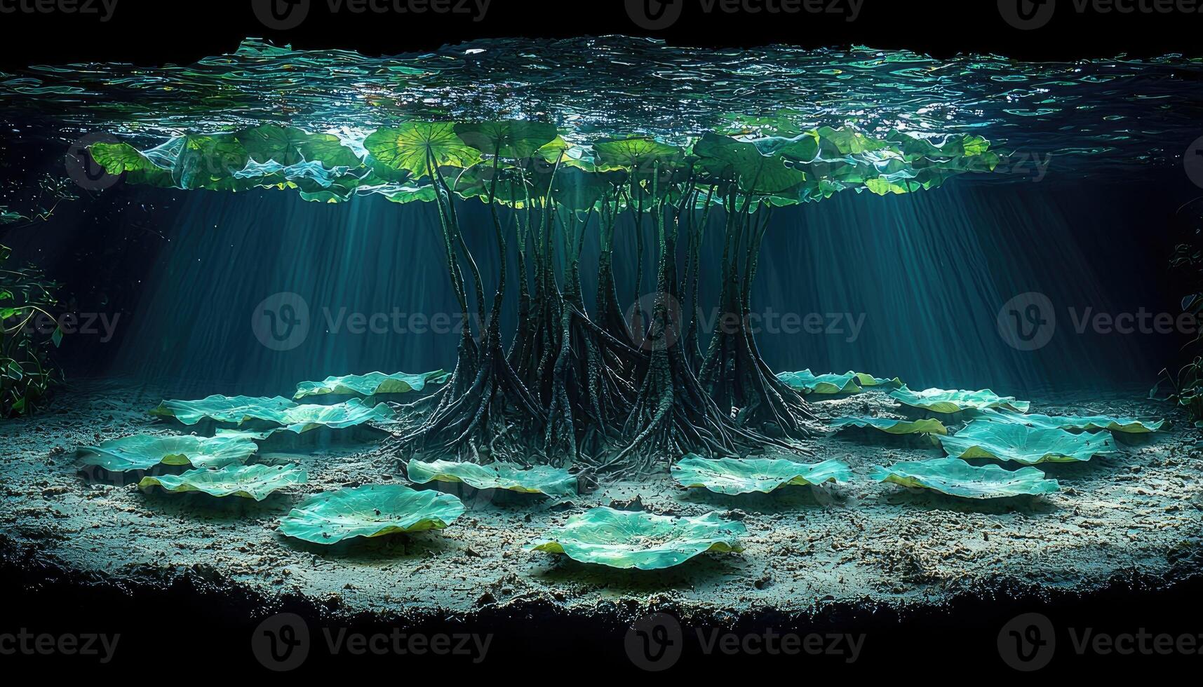Underwater Scene of Lotus Plants and Roots photo