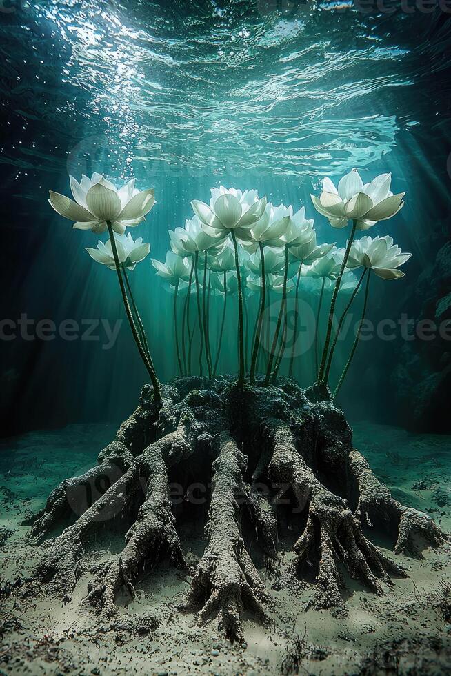 Underwater Lotus Flowers Blooming From Roots photo