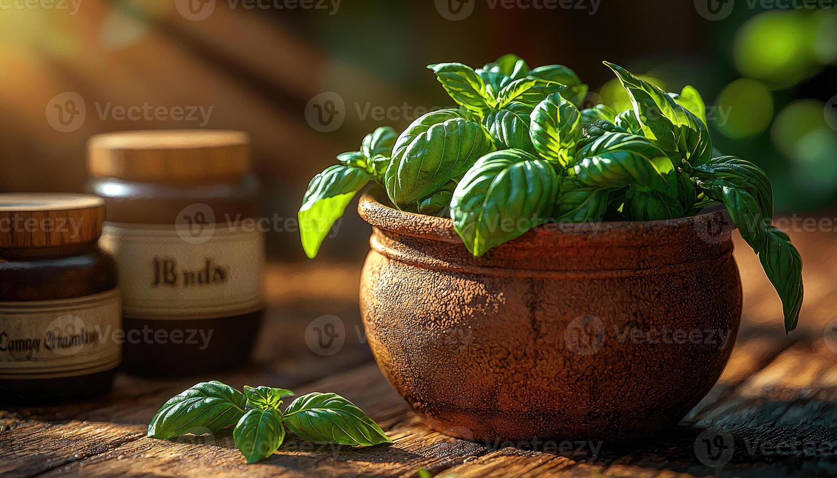 Fresh Basil in Earthenware Pot Rustic Setting photo