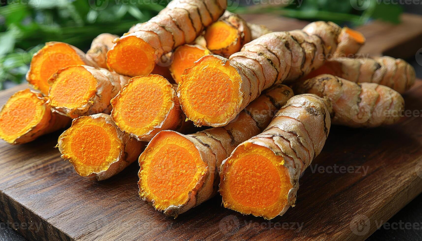 Turmeric Roots Sliced On Wooden photo