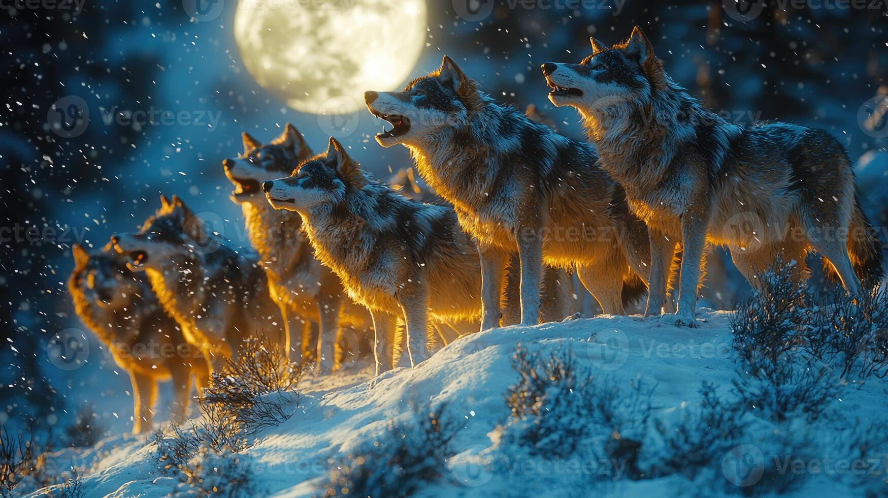 A Wolf Pack Howls Underneath a Winter photo