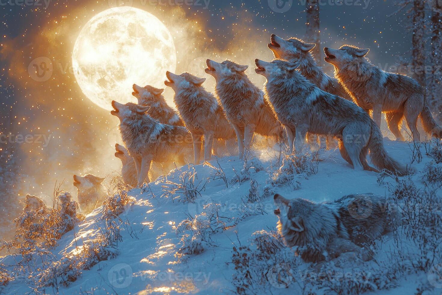 Wolves Howling at a Bright Winter Moon photo