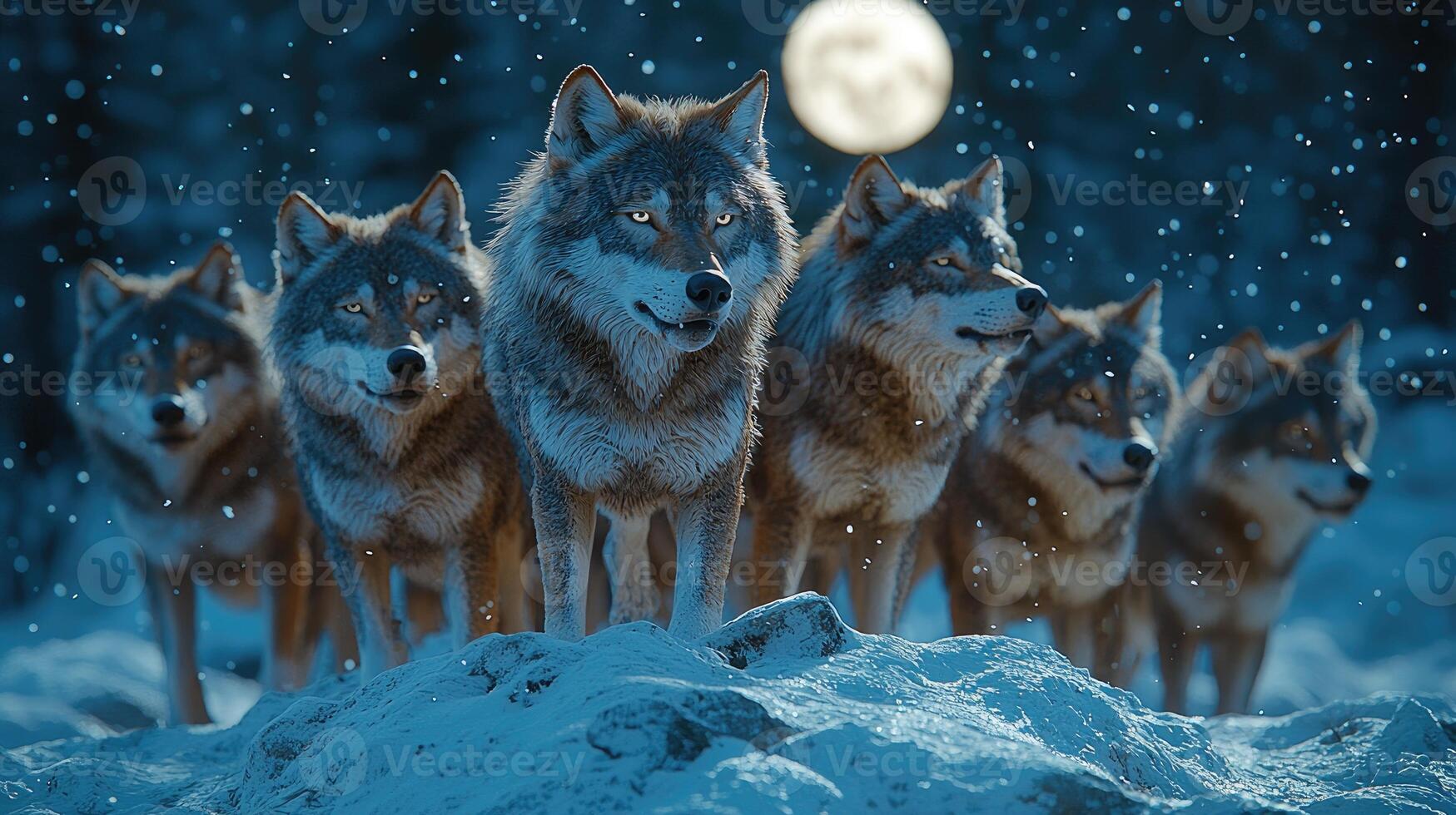 A Wolf Pack Stands Under a Winter Moon photo